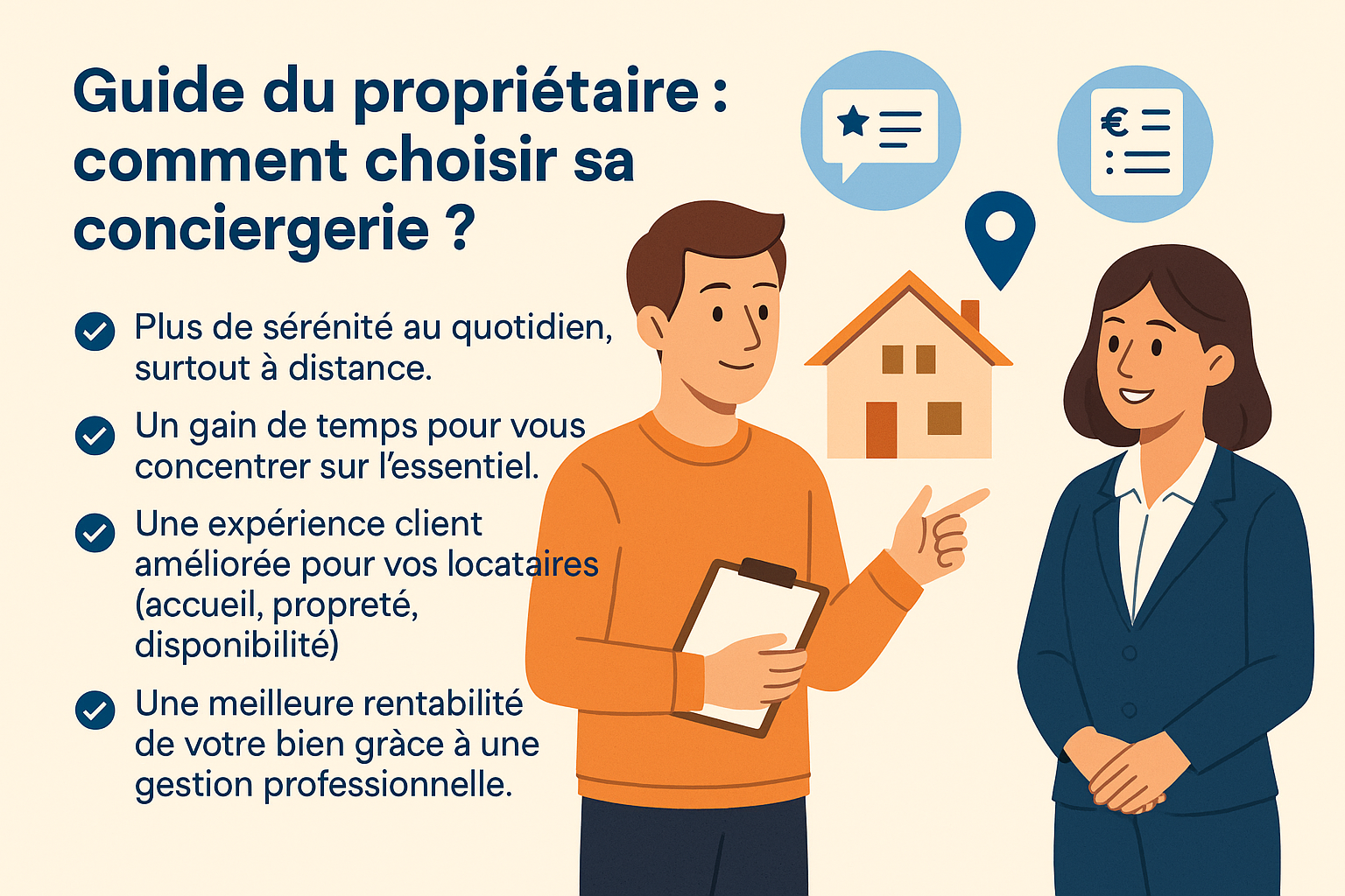 Guide du propriétaire pour choisir une conciergerie à Vic-la-Gardiole : illustration de deux professionnels discutant de services de gestion locative, liste des avantages et conseils en arrière-plan.